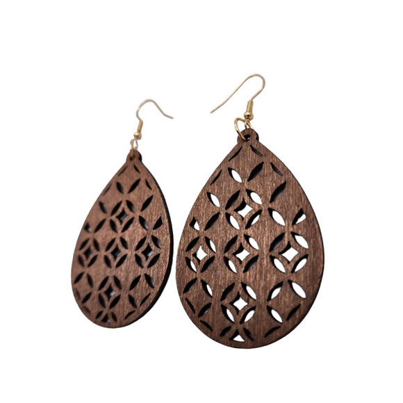 Hollow Boho Wood Earrings Bohemian Dangle Style Ear Jewelry Brown - Picture 2 of 3